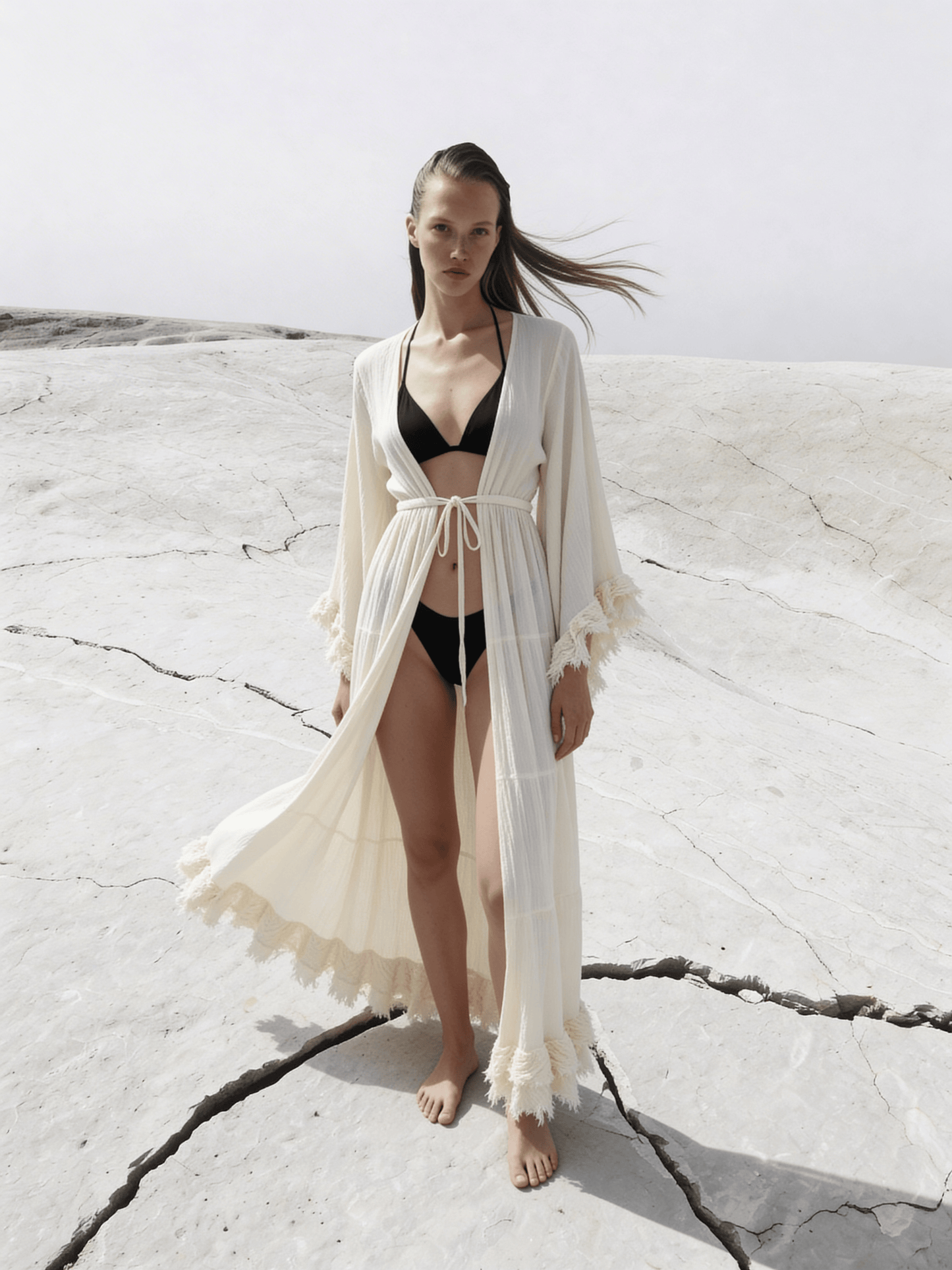Thai Line — Wholesale Distributor of Exclusive Artisan Fashion. Kimono Thalassa Fringe Maxi Cover-Up — Organic Cotton