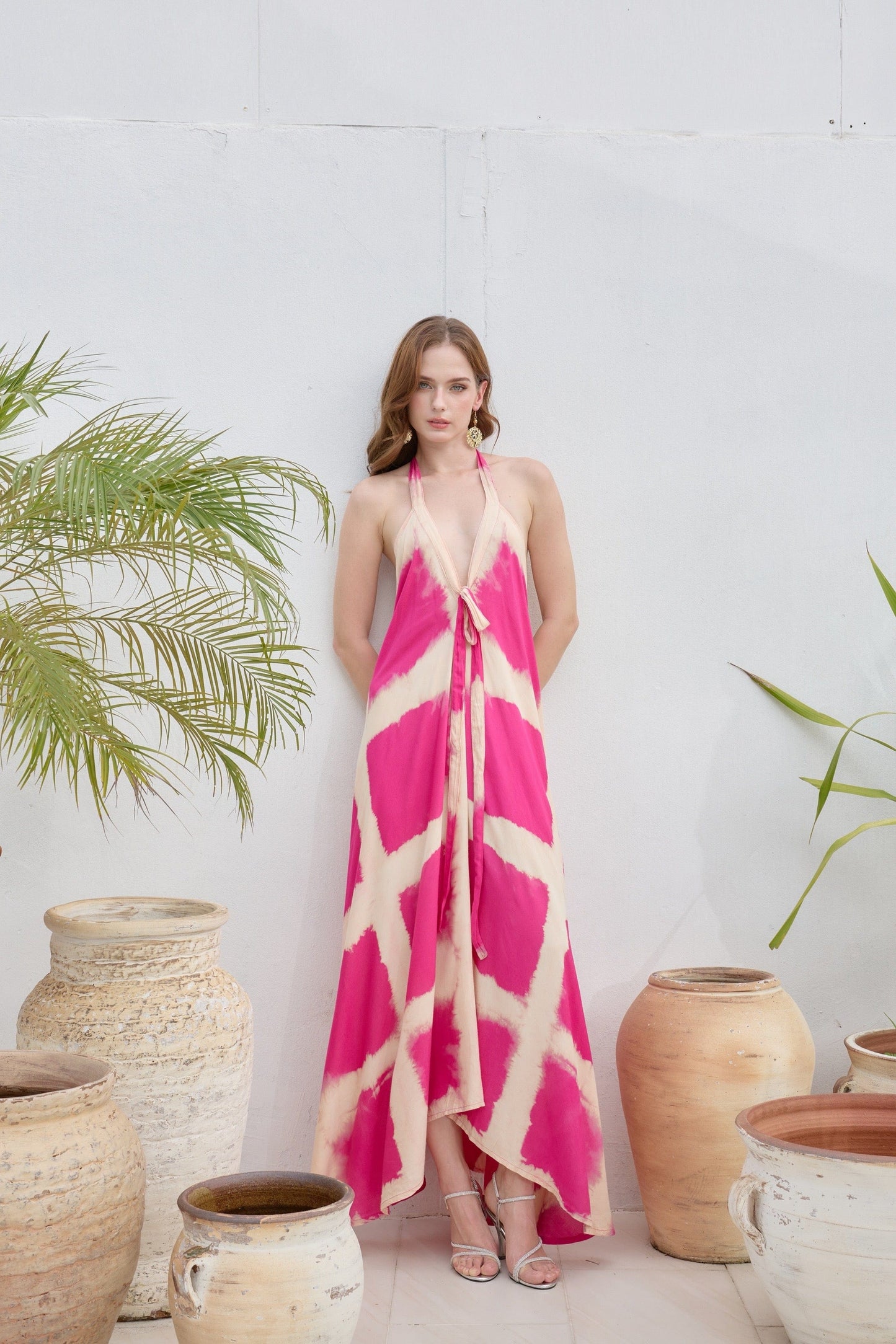 ThaiLine - Importer & Distributor of Artisan Clothing Dress Criss-Cross Fuscia Tie Maxi Dress