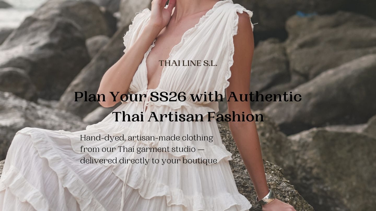 Woman in a white dress standing on rocks with promotional text overlay for Thai artisan fashion.