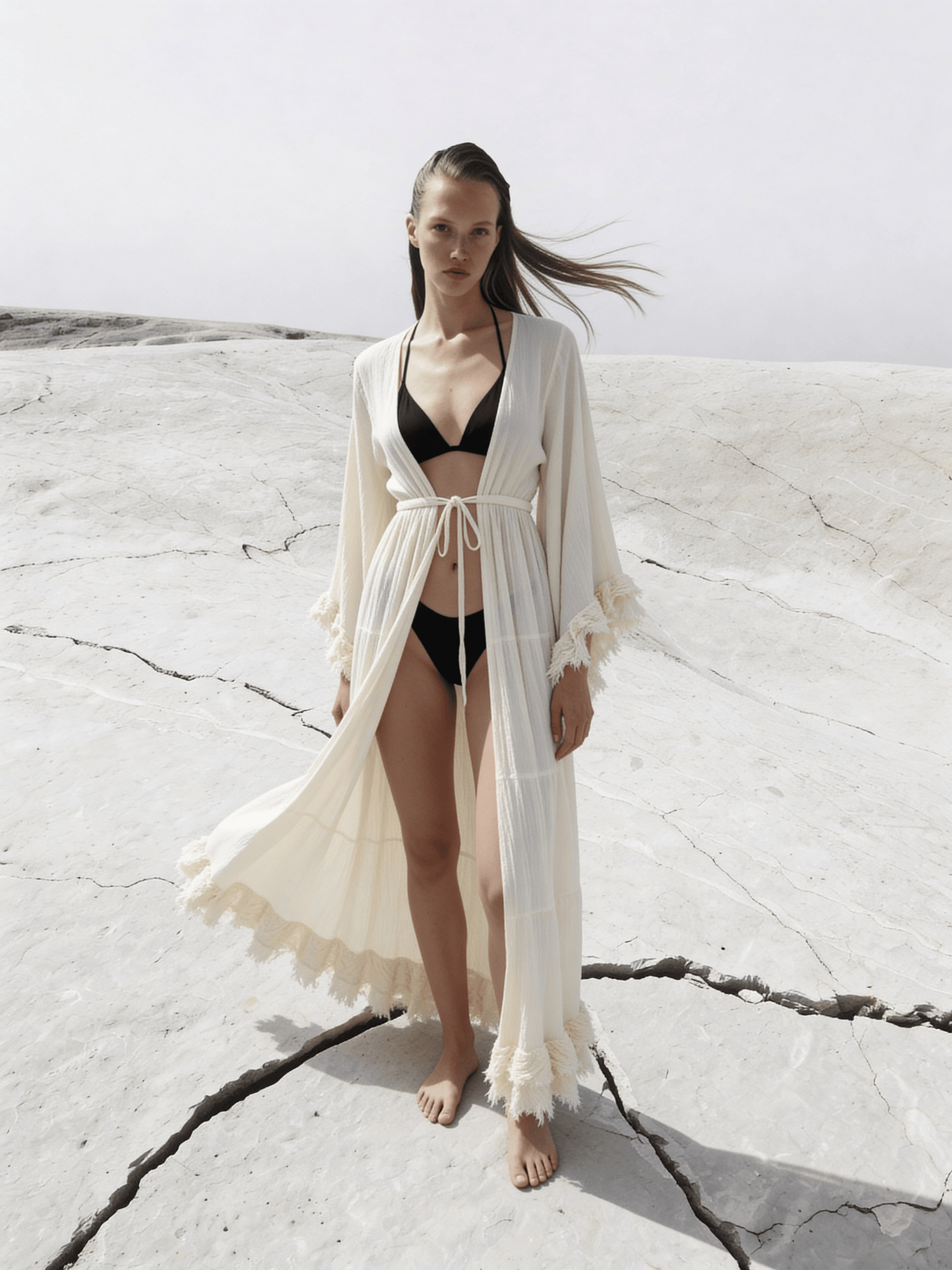 Thai Line — Wholesale Distributor of Exclusive Artisan Fashion. Kimono Thalassa Fringe Maxi Cover-Up — Organic Cotton