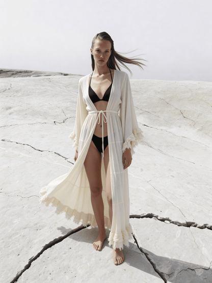 Thai Line — Wholesale Distributor of Exclusive Artisan Fashion. Kimono Thalassa Fringe Maxi Cover-Up — Organic Cotton