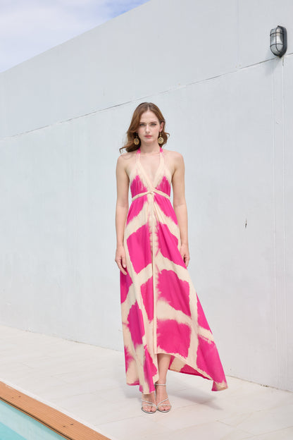 ThaiLine - Importer & Distributor of Artisan Clothing Dress Criss-Cross Fuscia Tie Maxi Dress
