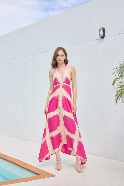 ThaiLine - Importer & Distributor of Artisan Clothing Dress Criss-Cross Fuscia Tie Maxi Dress